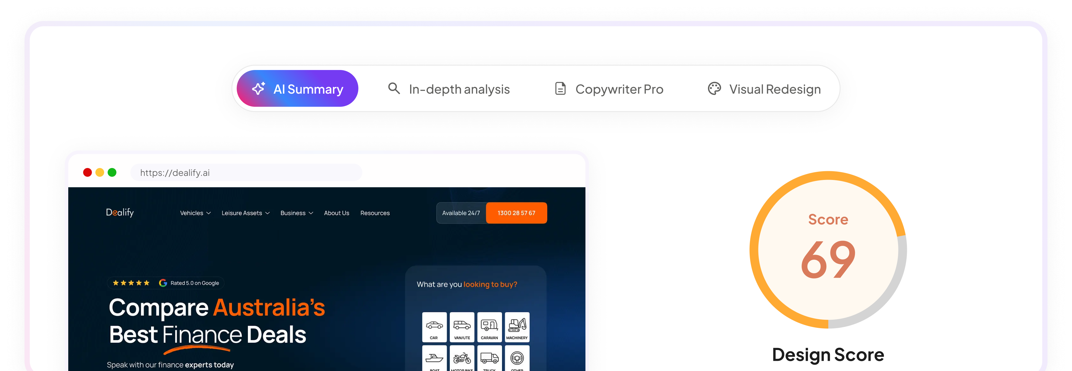 Dashboard preview with analysis tabs and design score